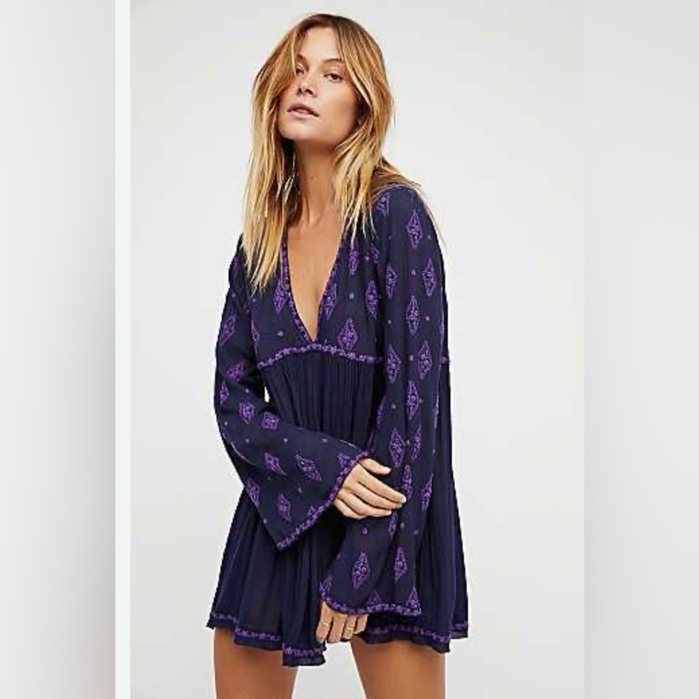 Free People Navy Mini Dress with Purple Motif